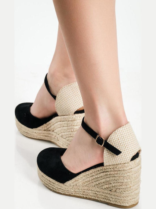 Suede Damenplattformen im Espadrilles-Stil Schwarz Beige Stroh