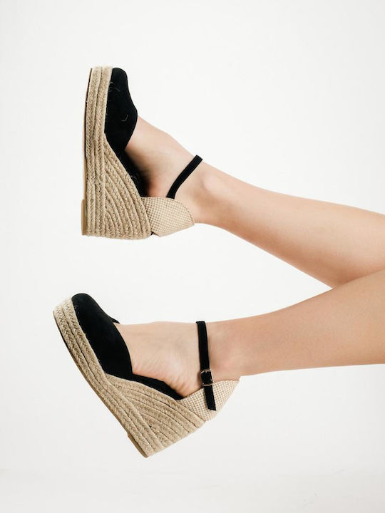Suede Damenplattformen im Espadrilles-Stil Schwarz Beige Stroh