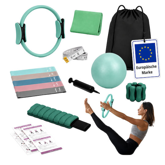 Set Pilates Relaxdays 10054389_53 13 Piese Cerc Pilates Ø38 Cm Minge Ø23 Cm 5 Benzi Scurte 30x5 Cm Bandă Lungă 150x15 Cm 2 Manșete cu Greutăți pentru Încheieturi și Glezne 1 Kg Pompă Ruletă Geantă Verde Mentă