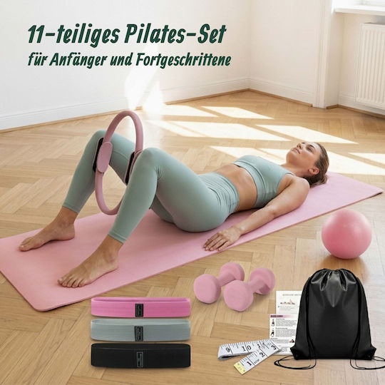Set Pilates Relaxdays 10054390_52, 11 piese, cerc Pilates Ø38 cm, minge de 23 cm, 5 benzi scurte de rezistență de 35 × 8 cm, bandă lungă de rezistență de 150 × 15 cm, 2 gantere de 1 kg, geantă de transport, pompă, roz