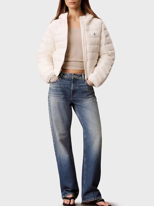Packable Κοντό Γυναικείο Puffer Μπουφάν για Χειμώνα Ivory