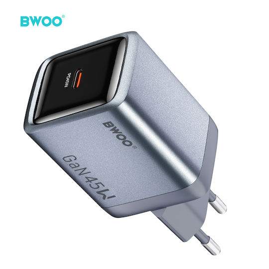 BWOO Încărcător Fără Cablu GaN cu Port USB-C 45W Power Delivery Gri (BO-CDA23)