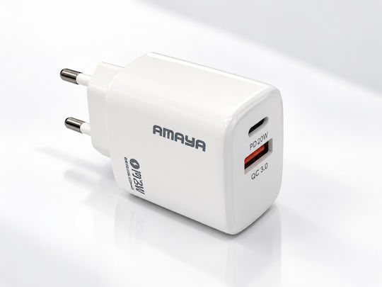 Amaya Зарядно Устройство Без Кабел с USB-A Порт и USB-C Порт 20W Power Delivery Бяло (ACW-E43D)
