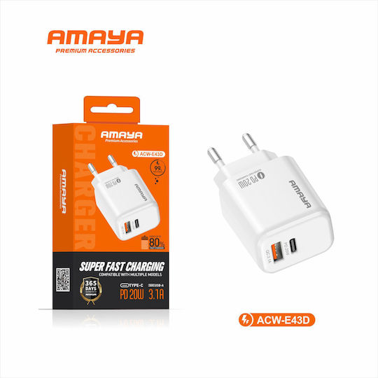 Amaya Зарядно Устройство Без Кабел с USB-A Порт и USB-C Порт 20W Power Delivery Бяло (ACW-E43D)