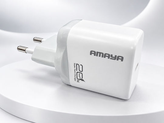 Amaya GaN Зарядно Устройство с USB-C Порт и USB-C - USB-C Кабел 20W Power Delivery Бяло (ACW-E280S-CC)