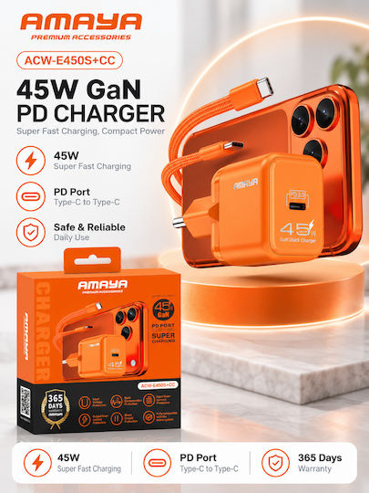 Amaya GaN зарядно устройство с USB-C порт и USB-C - USB-C кабел 45 W Power Delivery оранжев (ACW-E450S+CC)