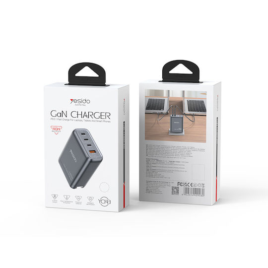 Yesido GaN-Ladegerät Ohne Kabel mit USB-A-Anschluss und 3 USB-C-Anschlüssen 140 W Power Delivery Schwarz (YC143)