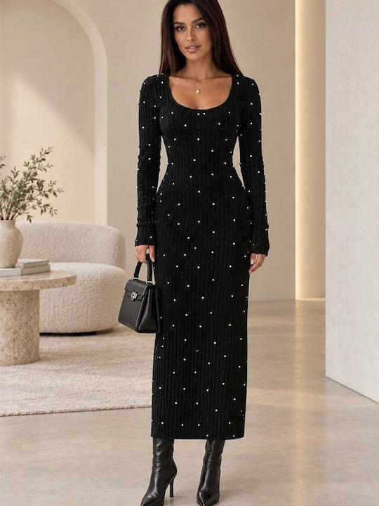 Rochie Maxi Tricotată cu Mâneci Lungi Neagră