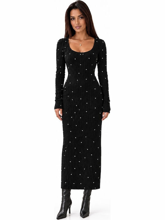 Rochie Maxi Tricotată cu Mâneci Lungi Neagră