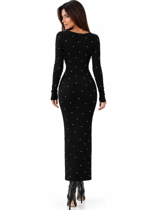 Rochie Maxi Tricotată cu Mâneci Lungi Neagră