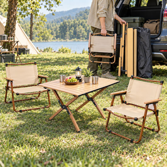Medrelaxhome Σετ Τραπεζιού Ατσάλινο για Camping Πτυσσόμενο Καφέ 3τμχ