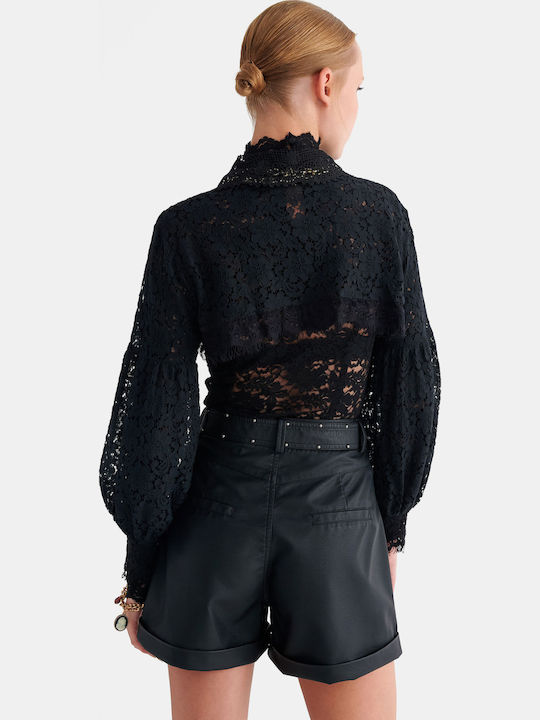 Pantaloni Scurți de Damă din Piele cu Talie Înaltă Negri