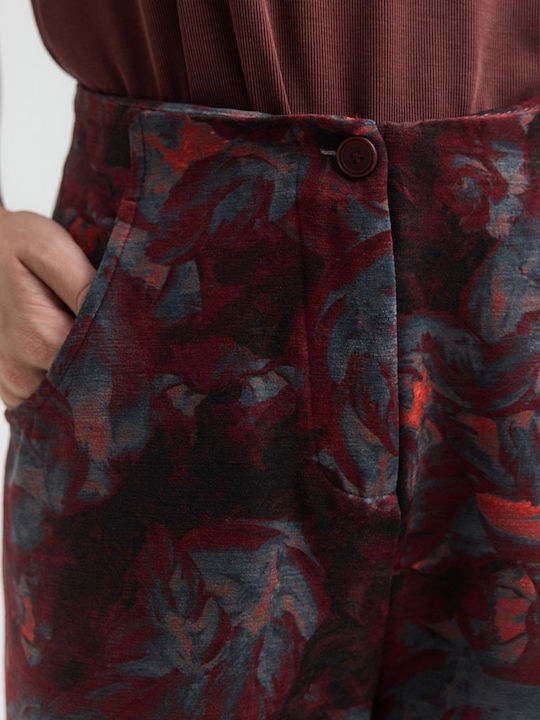 Women's Fabric Trousers in Balloon Fit Floral Wine