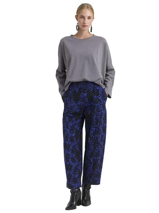 Women's Fabric Trousers in Balloon Fit Floral Blue