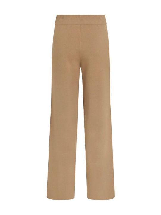 Pantaloni Largi de Damă cu Elastic Culoarea Cămilei