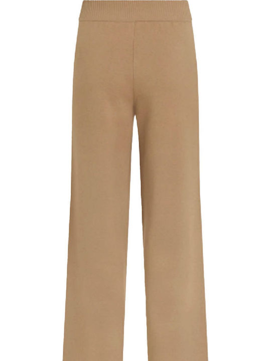 Pantaloni Largi de Damă cu Elastic Culoarea Cămilei