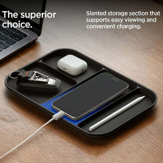 Spigen Ld403 Ahp10136 Organizer Tray with Four Compartments and Phone Holder, Non-Slip Polyurethane Base, Black