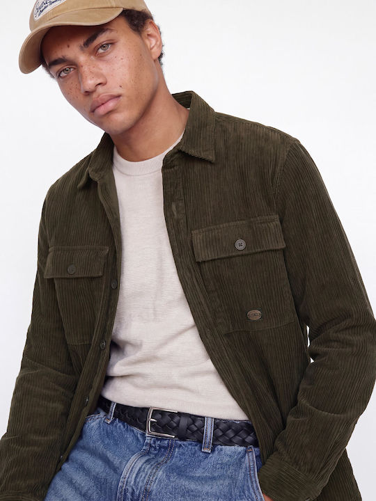 Overshirt din Catifea Raiată cu Mâneci Lungi, Regular Fit, Verde Măsliniu Închis