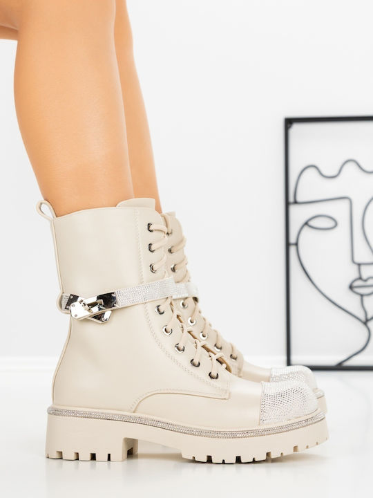 Leather Women's Ankle Boots with Medium Heel & Fur Beige