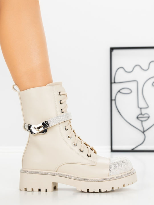 Leather Women's Ankle Boots with Medium Heel & Fur Beige