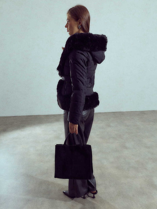 Damenjacken Steppjacke mit pelziger Kapuze Schwarz