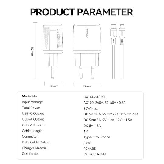 BWOO Încărcător cu Port USB-A și Port USB-C și Cablu USB-C - Lightning 38W Power Delivery Alb