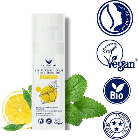 Cosnature 3in1 Schaumstoff Gesichtsreiniger Zitrone Und Melissa Für Kontrolle der Fettigkeit 150ml