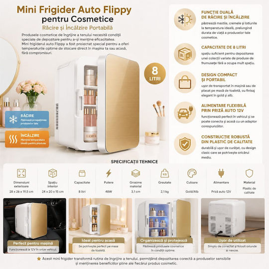 Mini-Kosmetik-Kühlschrank Flippy Dual-Funktion Heizen Kühlen Tragbar Außen 19x28x26 cm Innen 14x24x15 cm 8l Gold