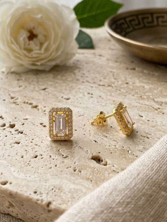 Sk3568 Ασημένια Επιχρυσωμένα Σκουλαρίκια 925° «emerald Cut» Με Πέτρες Zircon Grekas Jewelry