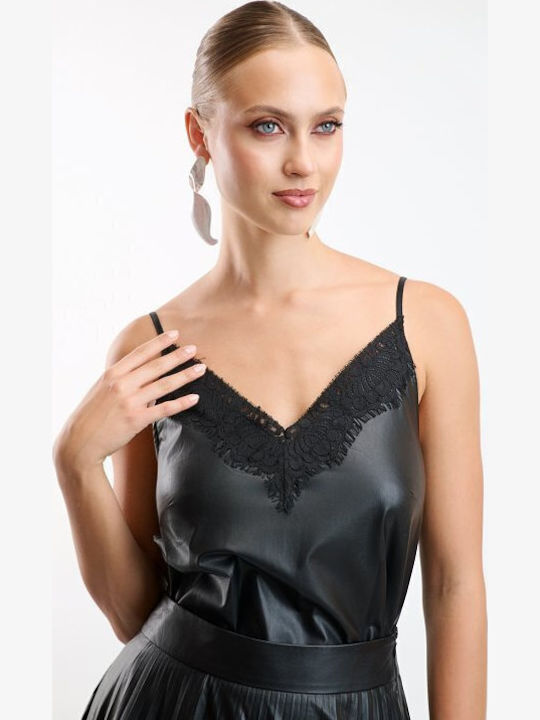 Women's Leather Blouse with Straps & V-Neck Black