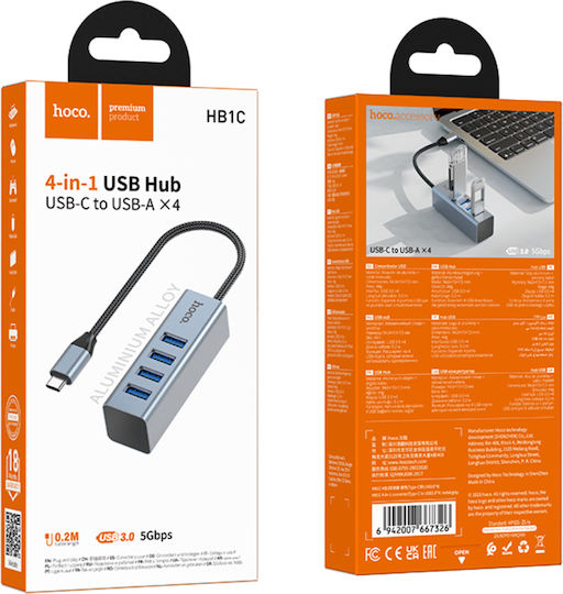 Hoco HB1C 4-Port USB 3.0 Hub with USB-C Connection Grey