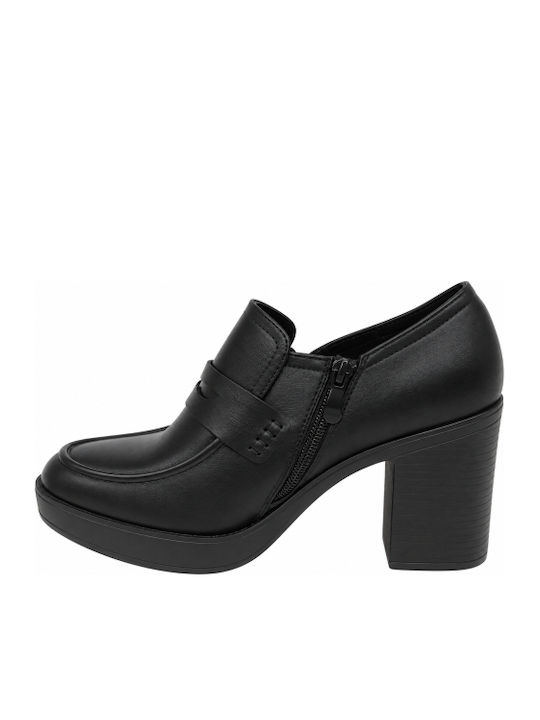 Black Leather Pumps with a Chunky High Heel WM-MP354-13-27HH-BLACK