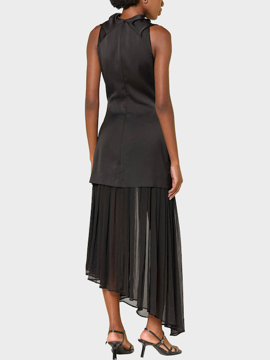 Maxi Βραδινό Φόρεμα Σατέν Ντραπέ με Διαφάνεια Black