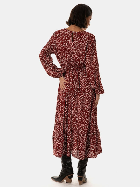 Midi Floral Print Dress with Ruffle Hem Burgundy Size XS Burgundy