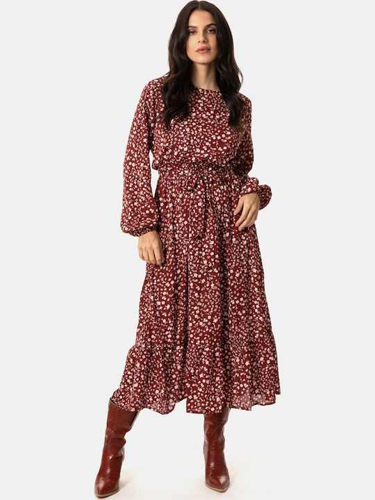 Midi Floral Print Dress with Ruffle Hem Burgundy Size XS Burgundy