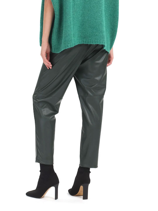 MY T Women's High-Rise Leather Trousers with Elastic Waist Green