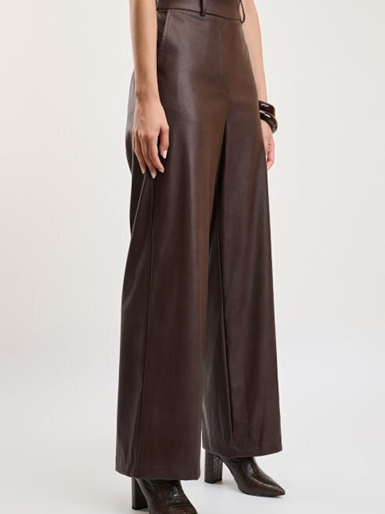 Pantaloni Largi Dama din Piele cu Talie Înaltă și Elastic Maro