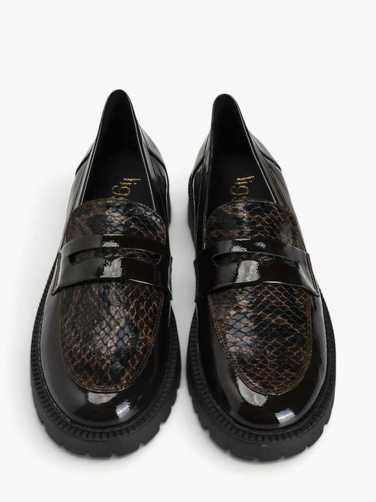 Loafers Maro din Lac cu Imprimeu Snake și Talpă Crenelată