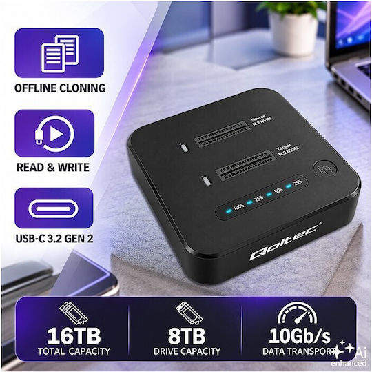 Qoltec M.2 Nvme Ssd Docking Station Pcie Dual 2 X 8 Tb Usb-c 3.2 10 Gb S Offline Cloning