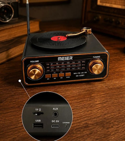 Meier MD-1320BT Retro Επιτραπέζιο Ραδιόφωνο Επαναφορτιζόμενο με Bluetooth και USB Μαύρο