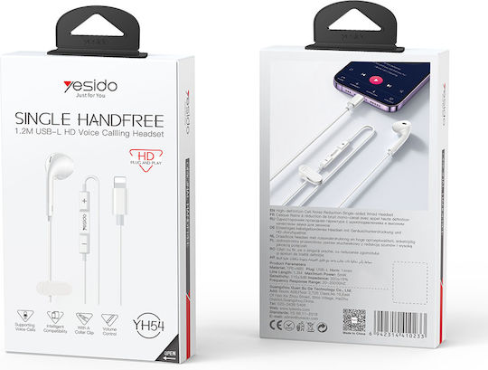 Yesido Yh54 Căști handsfree In-ear cu mufă Lightning Albe