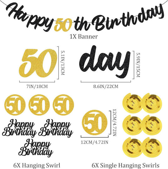 50th Birthday Decoration Set Garland Balloons Black Gold 36 Pcs