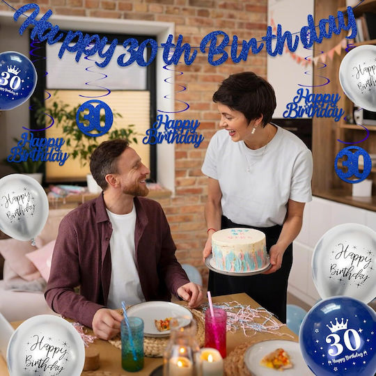 30th Birthday Decoration Set Blue Silver Garland Balloons