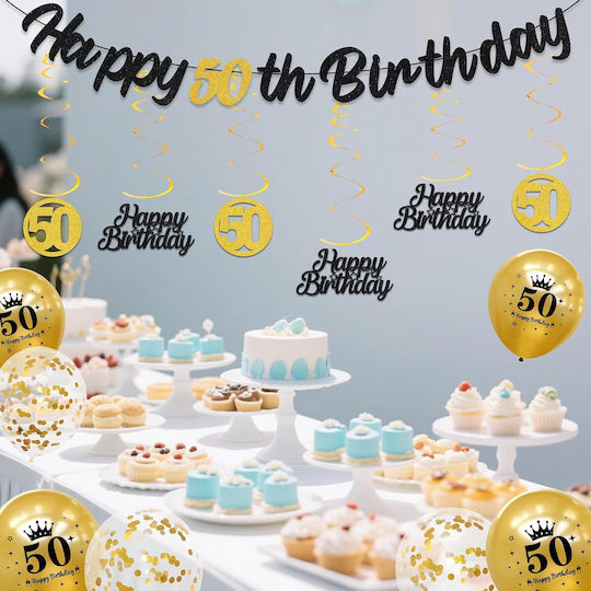 50th Birthday Decoration Set Garland Balloons Black Gold 36 Pcs