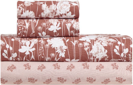 Kentia Versus King Size Sheet Set with Elasticated Fitted Sheet 180x200+35cm Terracotta - White (4 Pieces)