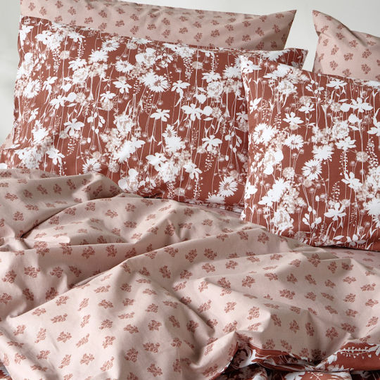 Kentia Versus King Size Sheet Set with Elasticated Fitted Sheet 180x200+35cm Terracotta - White (4 Pieces)