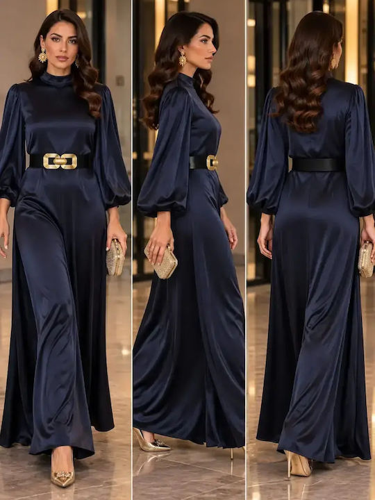 Maxi Blue Satin Evening Dress