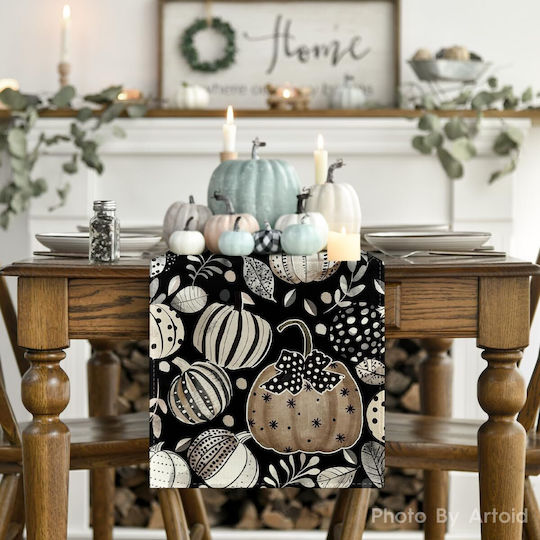 Decorative Autumn Table Runner Black Leaves Pumpkins 40x140 Cm