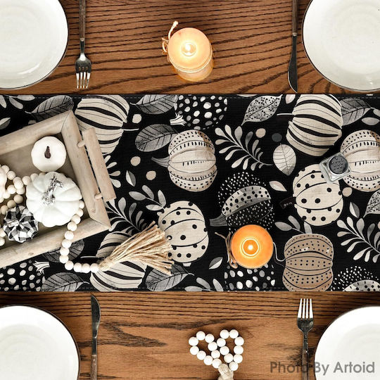 Decorative Autumn Table Runner Black Leaves Pumpkins 40x140 Cm
