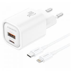 Foneng Ladegerät mit USB-A-Anschluss und USB-C-Anschluss und USB-C-auf-Lightning-Kabel 20 W Power Delivery / Quick Charge 3.0 Weiß (EU70)